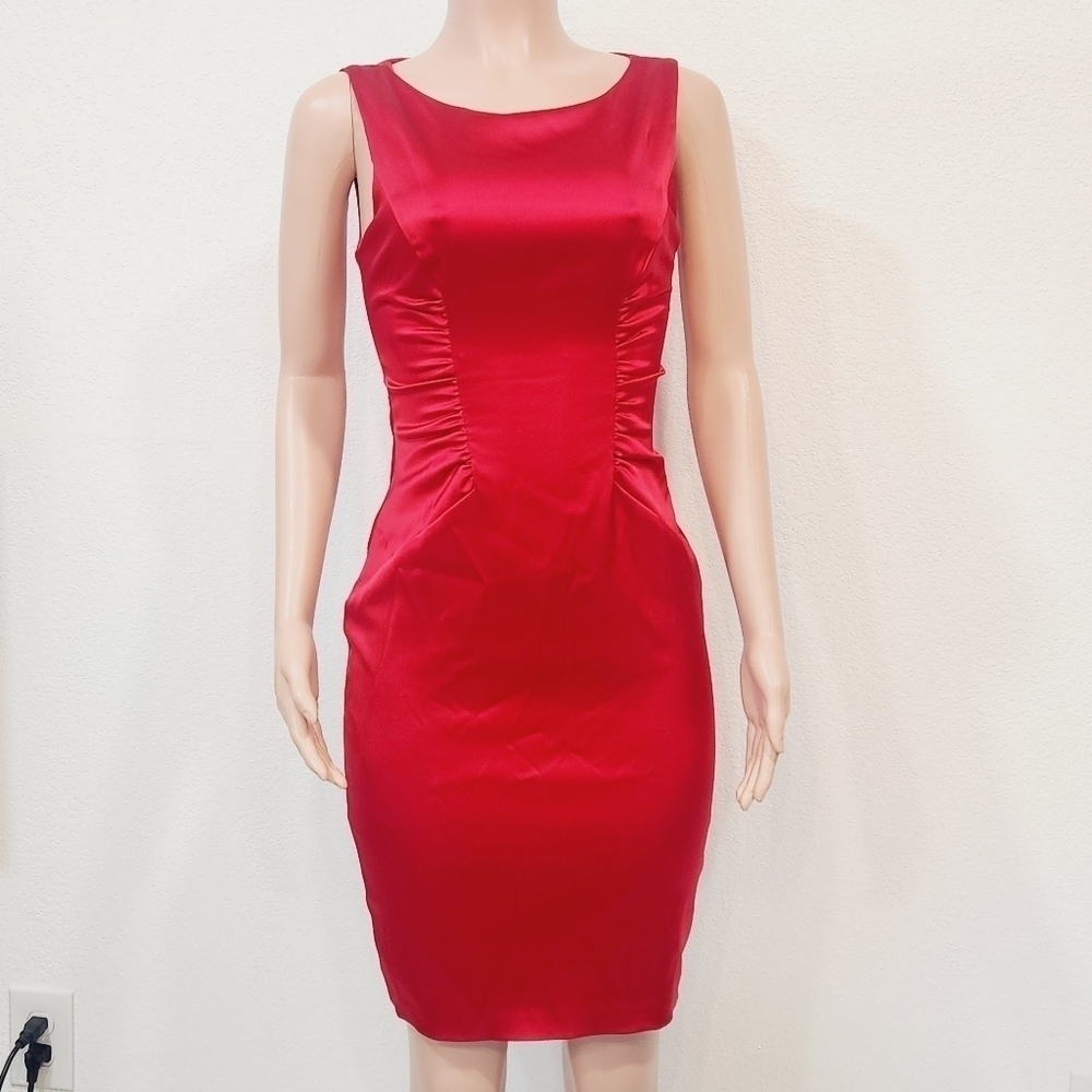 CACHE Sexy Hot Red Bodycon Ruched Satin Vintage Dress Size 6